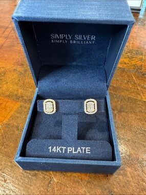 14KT Gold Plate Rectangular CZ Stud Earrings - Gold